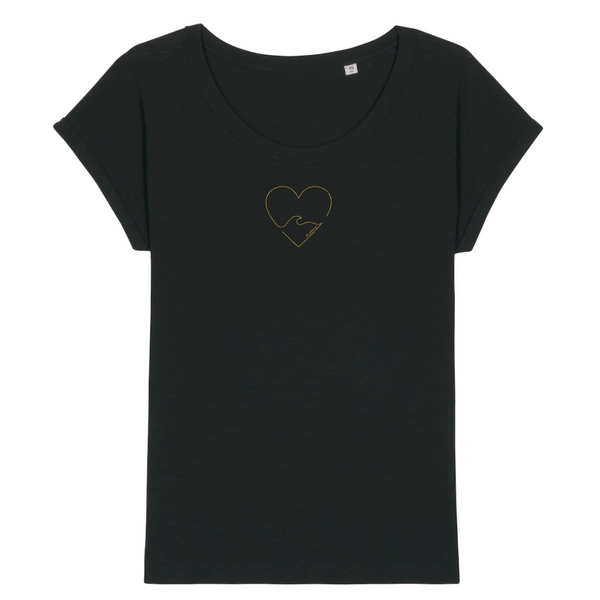 T-shirt femme coton bio jersey flammé Golden Heart Noir