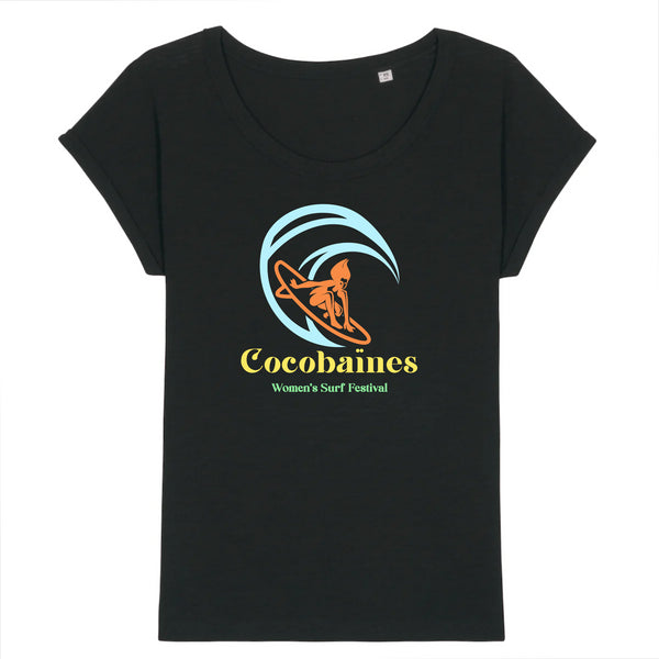 T-shirt femme coton bio jersey flammé  Women's surf festival Noir